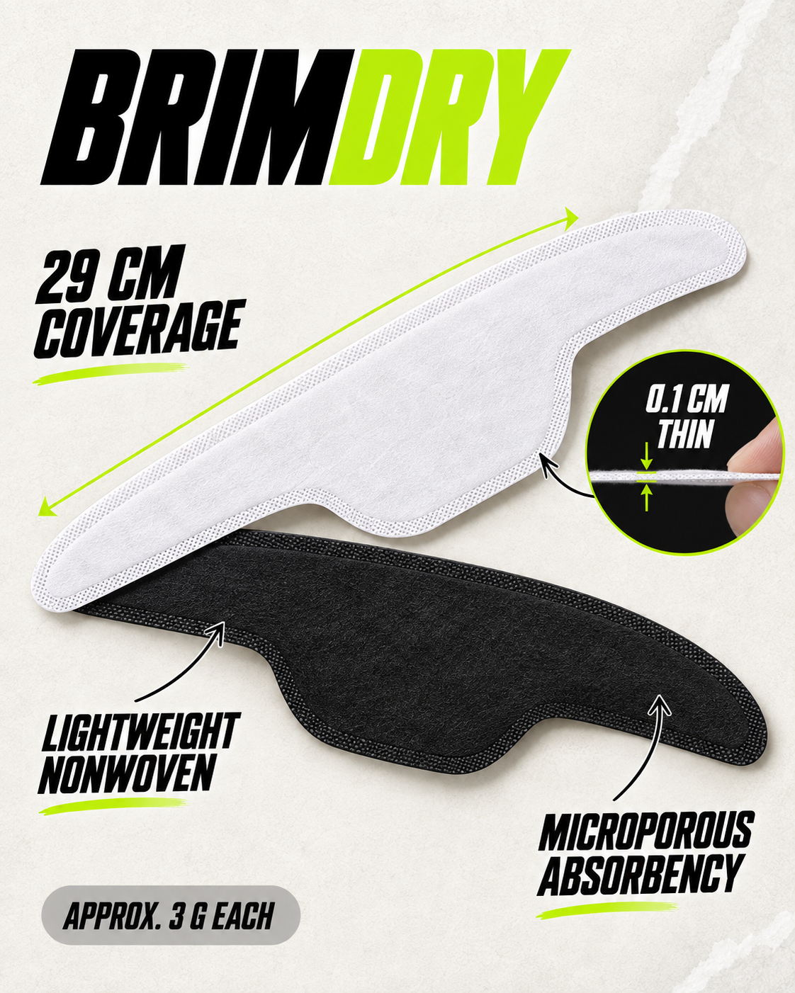 Brimdry liner specs: 29cm coverage, 0.1cm thin, lightweight non-woven, 3g each