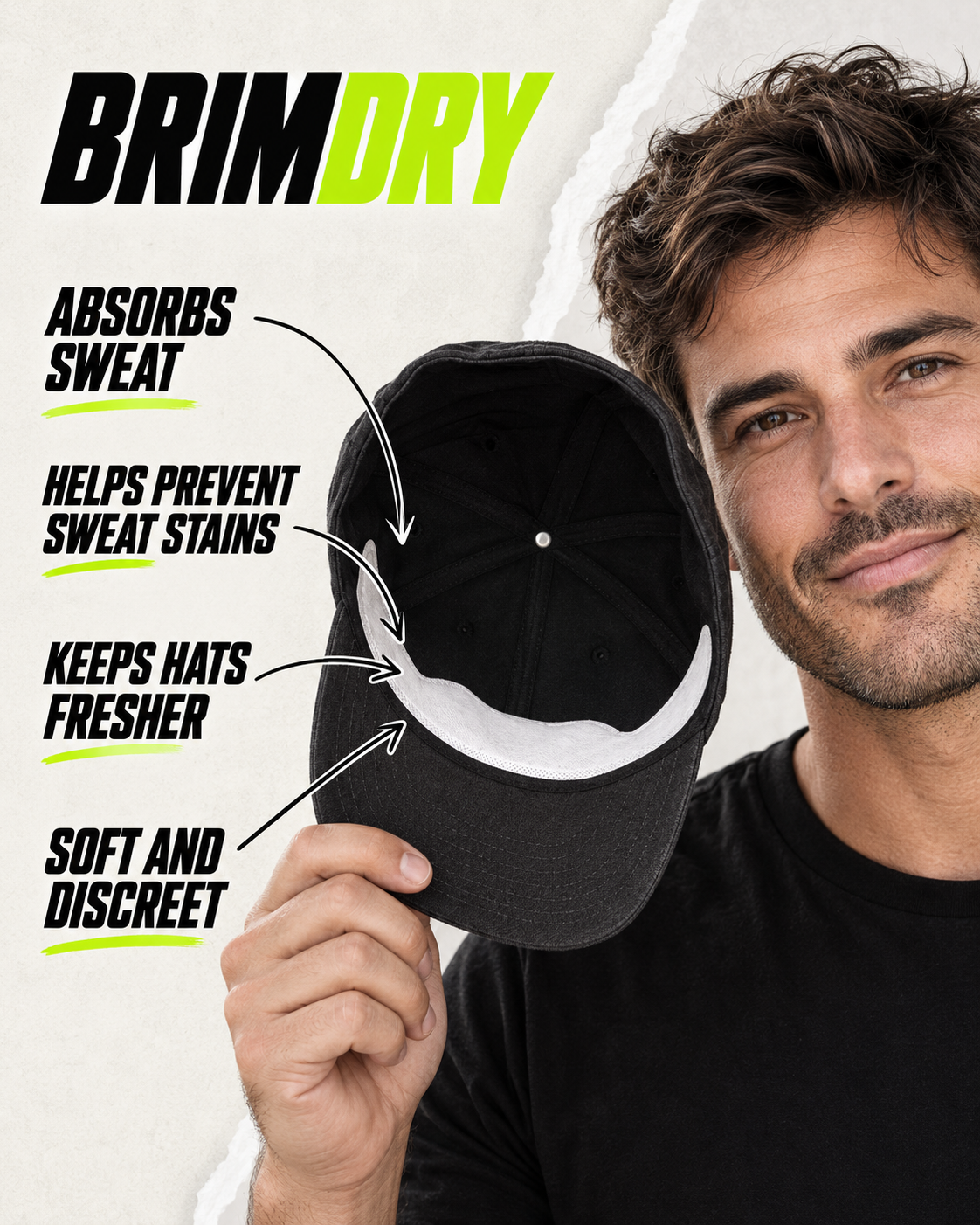 Brimdry liner benefits: absorbs sweat, prevents stains, keeps hats fresher, soft and discreet